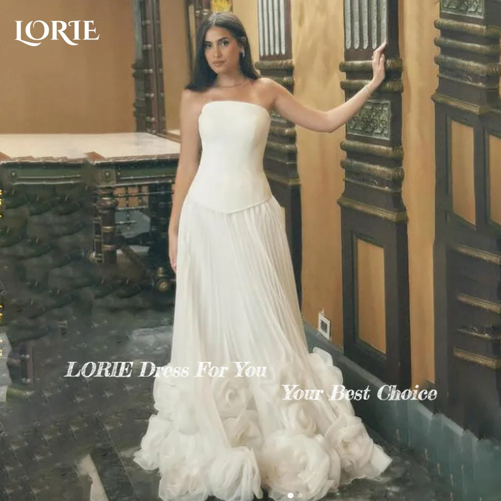 LORIE Elegant 3D Flowers Wedding Dresses Strapless A-Line Beach Bridal Gown Straps Ruffle V Corset Simple Customized Bride Dress