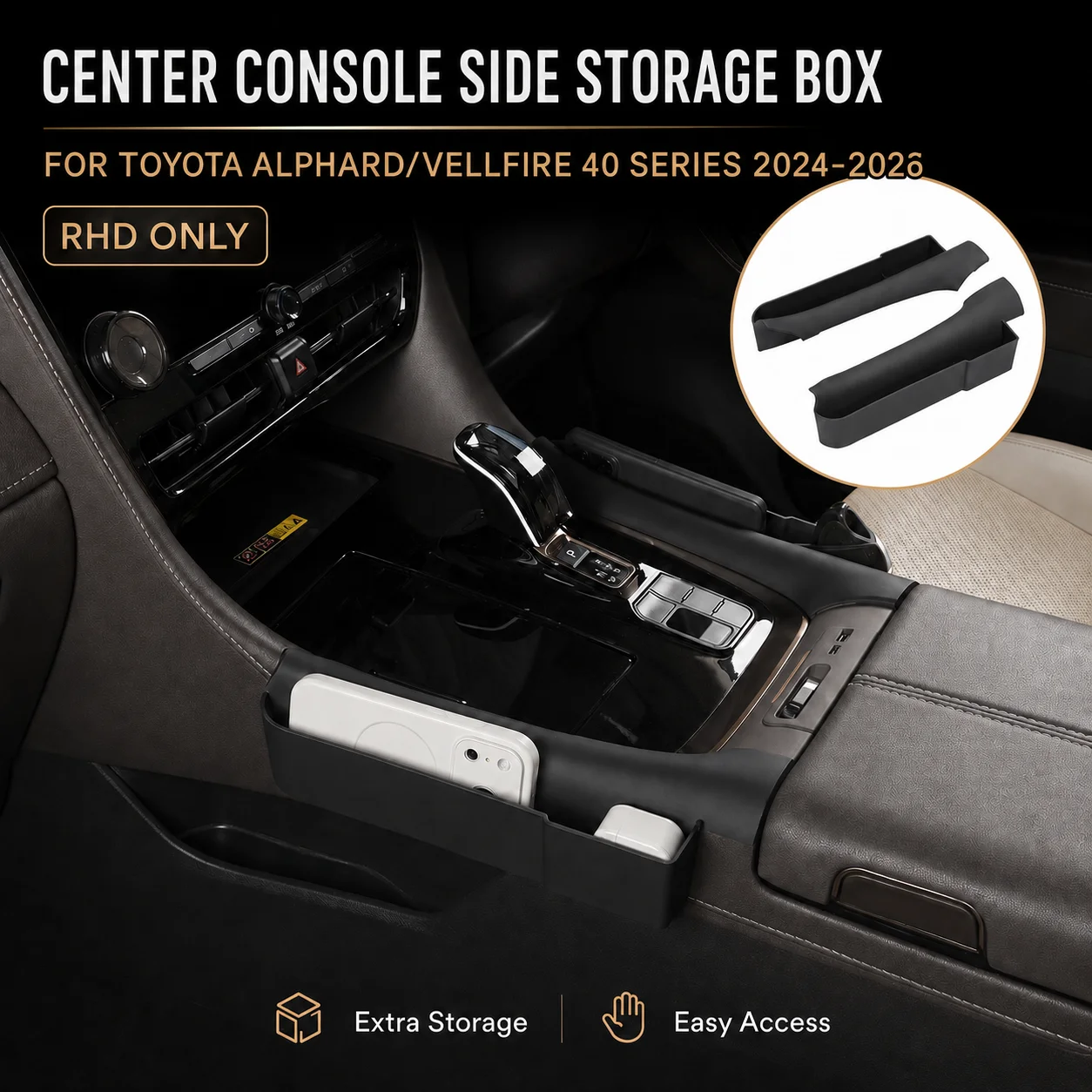 Car Center Console Side Storage Box for Toyota Alphard Vellfire 40 Series RHD Auto Seat Gap Organizer ABS Side Pocket Tray 2PCS