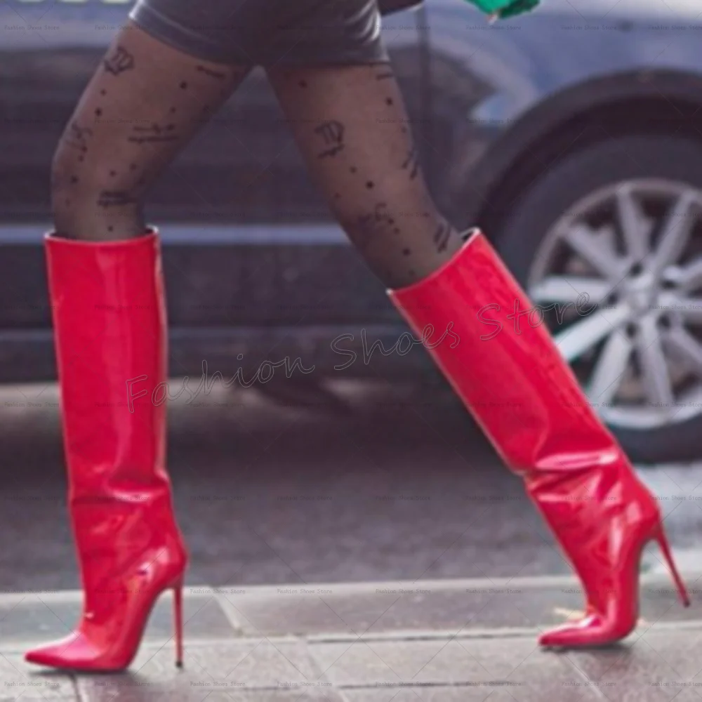 Rode Puntschoen Lakleer Laarzen Kniehoge Vrouwen Schoenen Stiletto Hoge Hakken Feest Banket Dating 2025, Zapatos Para Mujere