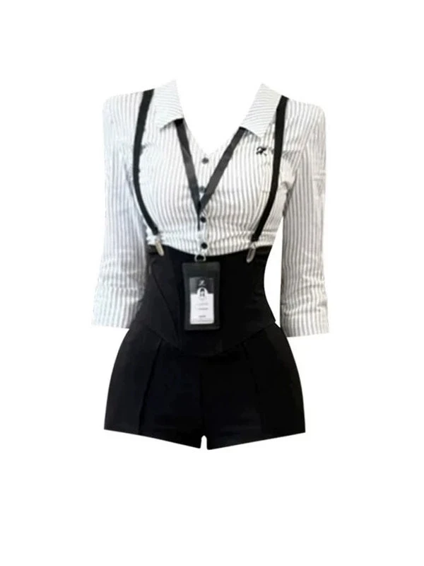 plus Size Fashionable Korean Style Slimming Striped Shirt Top with Wrap around Shorts Two Piece Set for Young Women