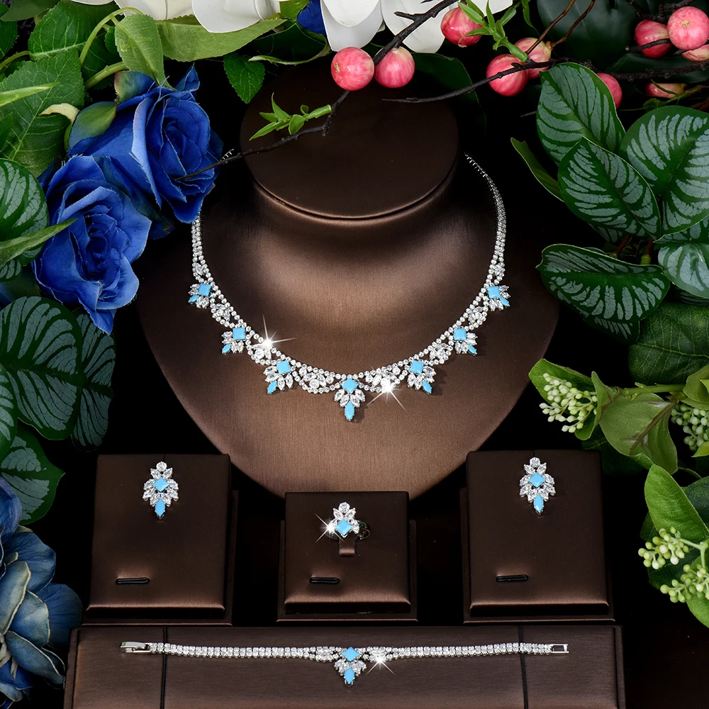 HIBRIDE 4 قطعة مجموعة مجوهرات رومانسية زرقاء عتيقة قلادة للسيدات أقراط خاتم حفلة موسيقية هدية الزفاف الزفاف S-784 #3