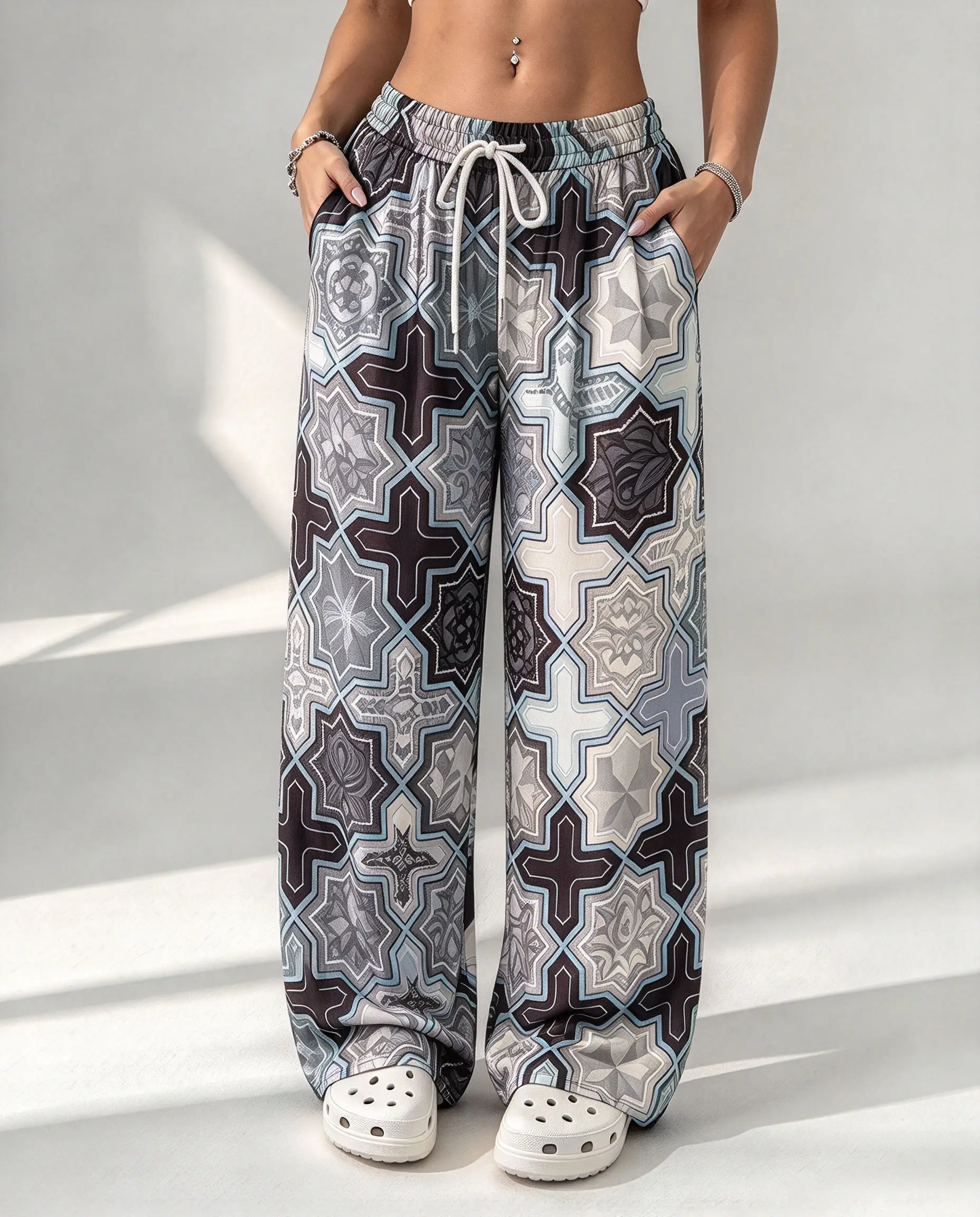 Women Geometric Cross Print Wide Leg Pants Elastic Drawstring Waist Loose Casual Trousers With Pockets Fashion Daily Home Pants