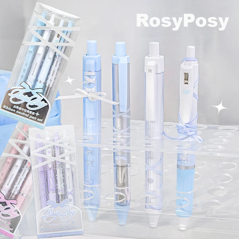 4szt RosyPosy Ballet Gel Pens Set in Cute PP Box, 0.5/0.38mm ST Tib Quick Dry Smooth Writing Tools Girls Women Students Supplies