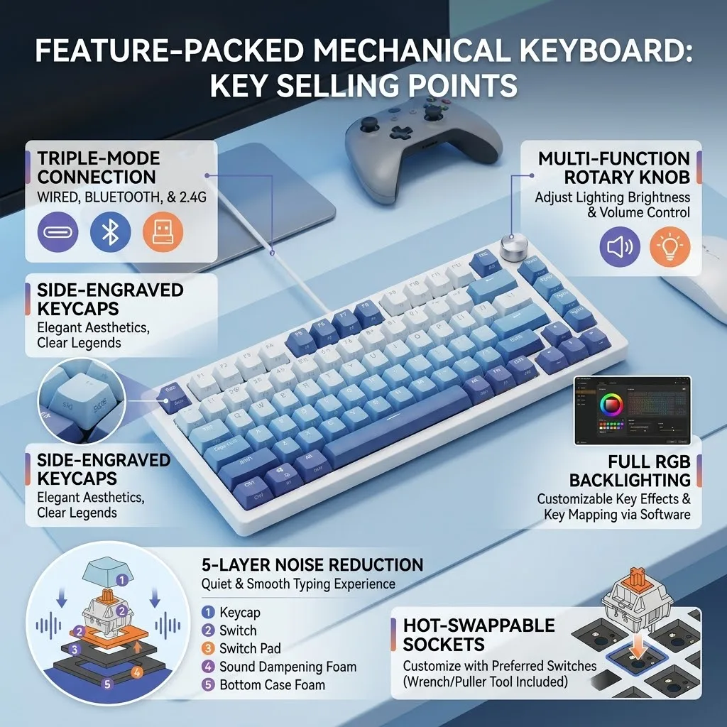 Hot swappable wireless mechanical keyboard wireless/2.4GHz/USBkeyboard gamer keyboard five layers padding