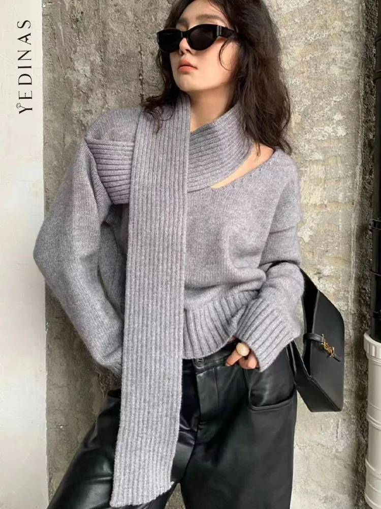 

Yedinas Casual Scarf Collar Sweater Women Long Sleeve Korean Fashion Pullovers Knitted Tops Autumn Winter 2023 Ladies Jumpers