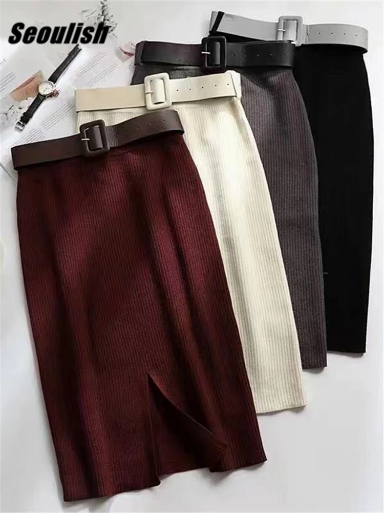 Seoulish Autumn Winter Women's Elegant Knitted Sheath Midi Skirts with Belted 2022 High Waist Wrap Skirt Back Split Pencil Skirt