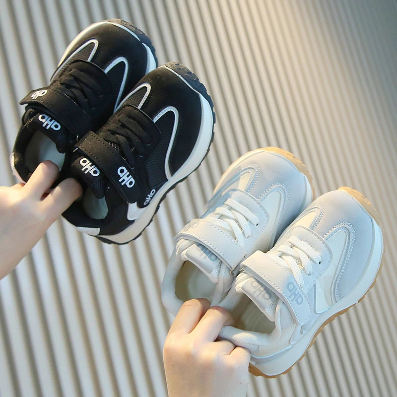 

Kids Spring New Retro Casual Sneakers Boys Girls Korean Style Shoes Hook And Loop Strap Soft Rubber Sole Breathable Non Slip