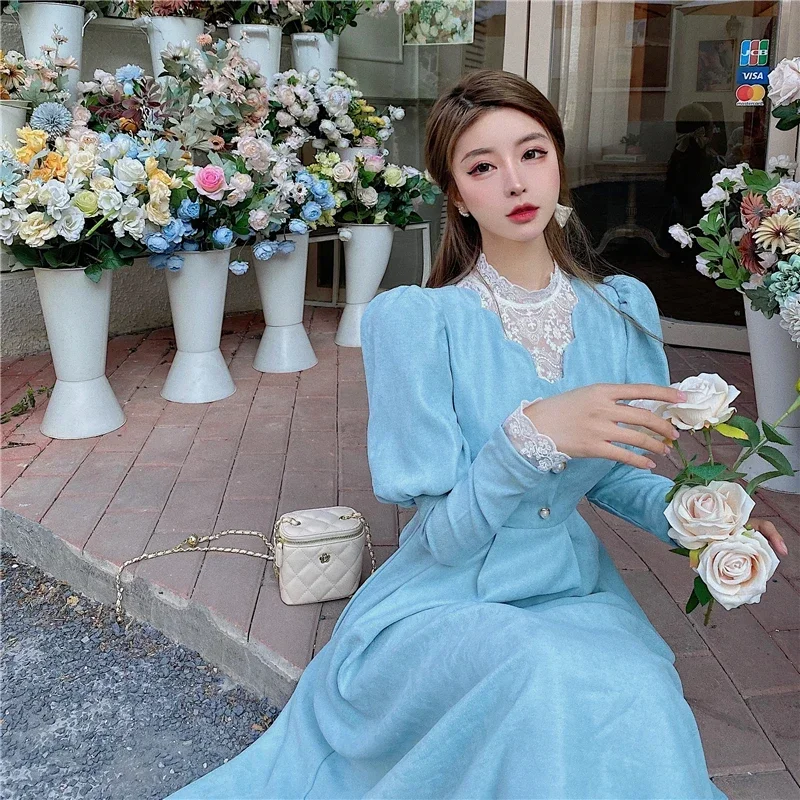 

Solid Elegant Dress Women Winter Patchwork Lace Party Midi Dress Female Casual French Style Sweet Kawaii Korean Dress Women 2023