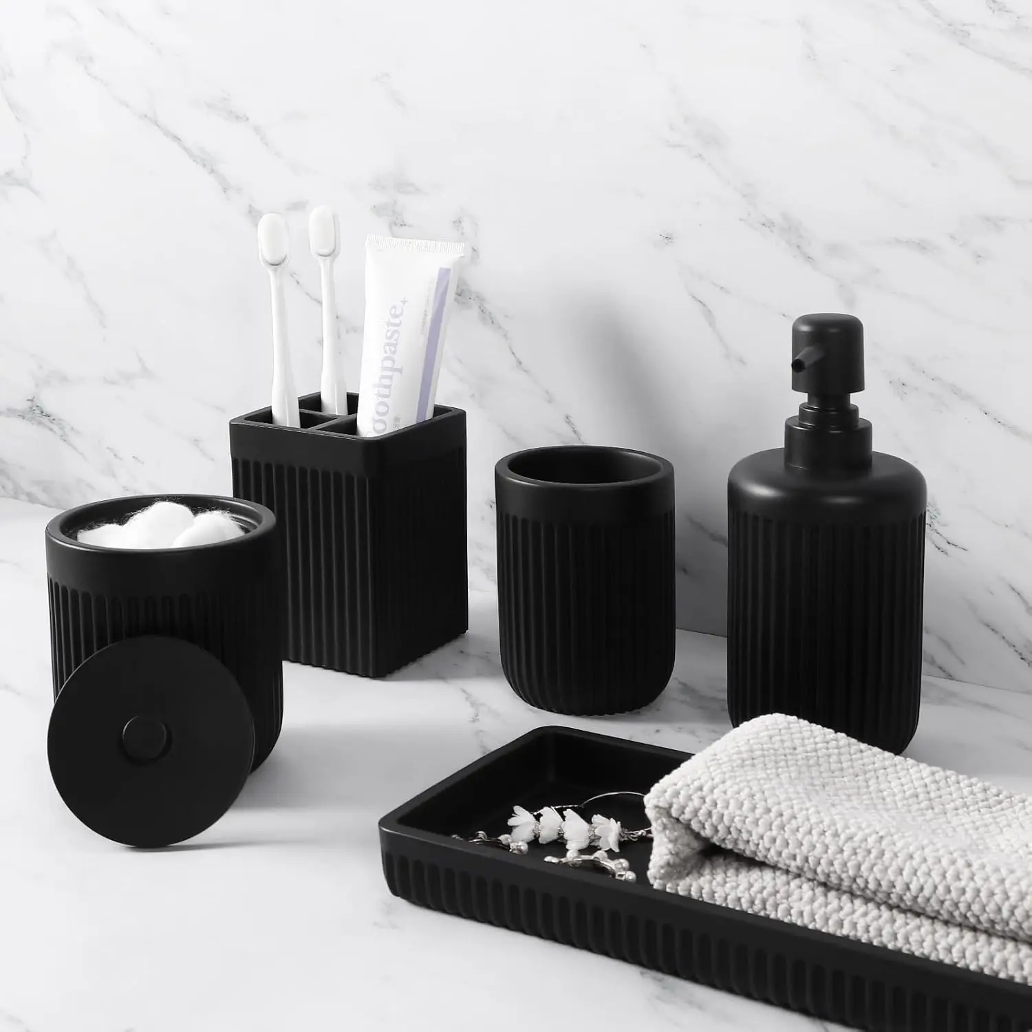

Resin Matte Black Bathroom Accessories Set 5 Pcs, Lotion Soap Dispenser, Toothbrush Holder, Bathroom Tumbler, Qtip Holder and Va