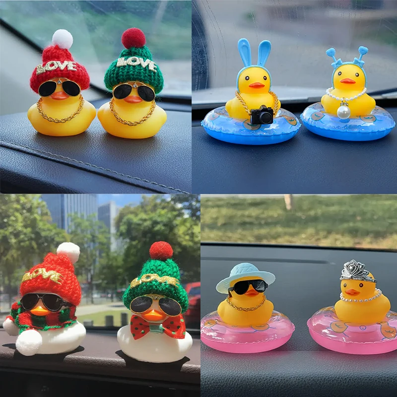 2 conjuntos de pato de borracha para carro, pato de borracha para painel de carro, decorações de painel de carro de pato amarelo, patos de rangido,