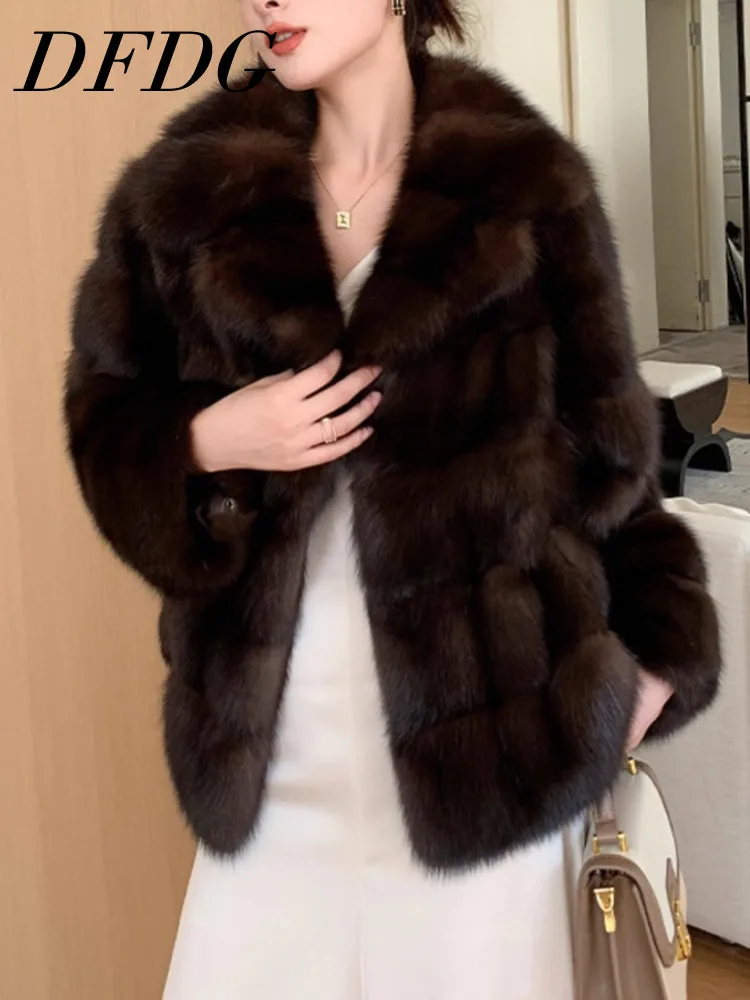 

DFDG 2025 Autumn Winter Designer Women’s Eco Faux Mink Fur Coat Winter Luxe Thick Jacket Vegan Animal Print Outerwear Coat