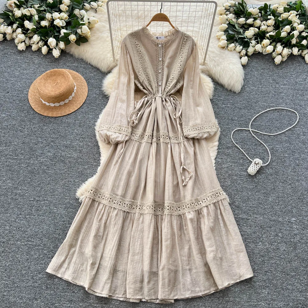 Chic vintage Spliced lace slim Elegant Fairy korean fashion Boho Sundress women clothing Long dress