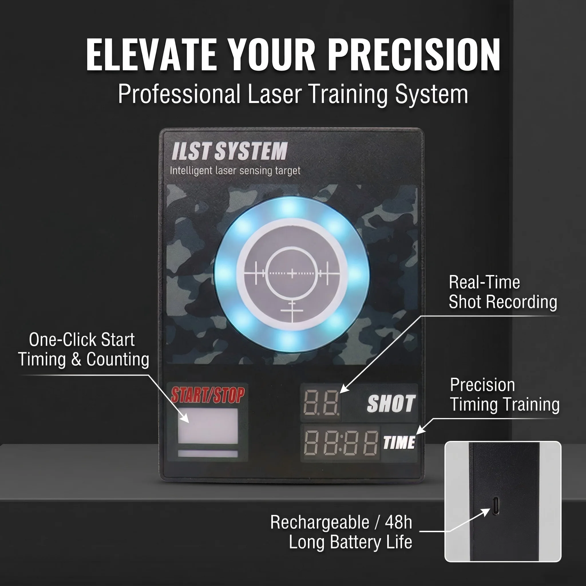 Laser Target Sensing System Built in Speaker, Record Shot Times and Time Laser Trainer Target for IPSC，IDPA Dry Fire Shooting