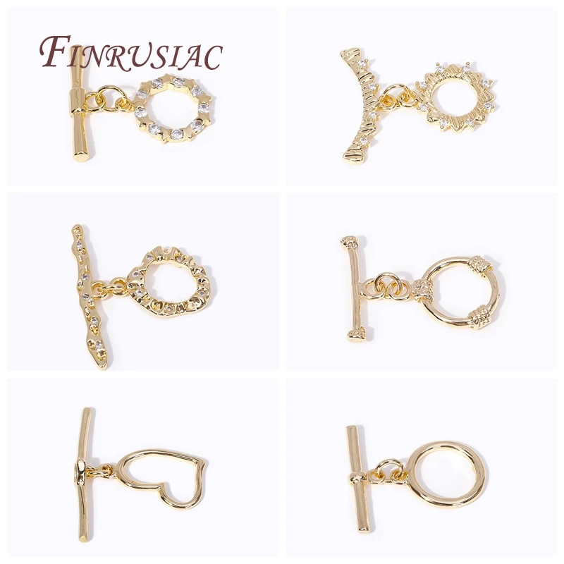 14k Gold Plated Metal Zircon Round/Heart OT Clasp Lock For DIY Jewelry Making Supplies 7 Styles Fashion End Beads Toggle Clasps