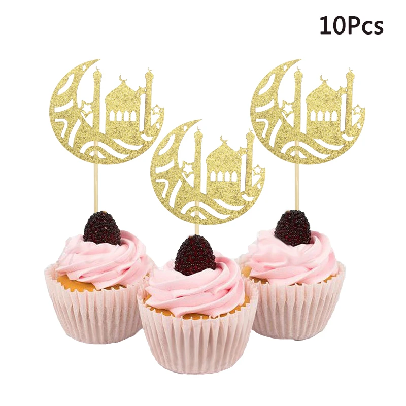 10Pcs Gold Eid Mubarak Star Moon Castle Cake Toppers Islamic Moslin Festival Party Ramadan Kareem Decorative Articles