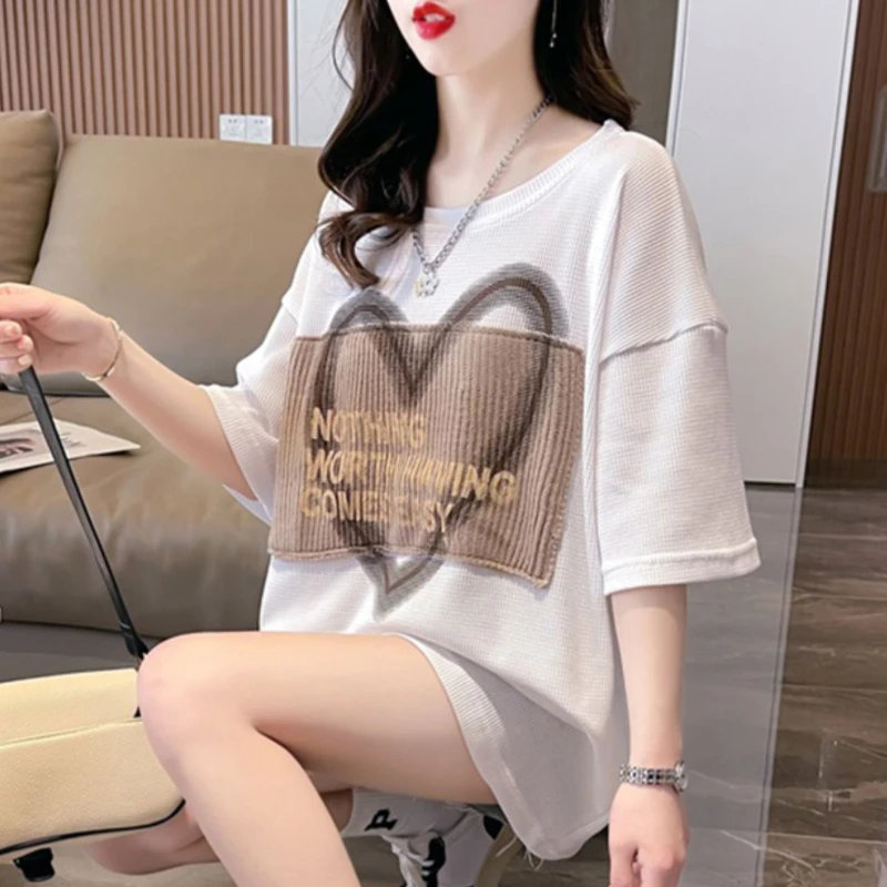 Camisetas holgadas Vintage para mujer, ropa de calle americana con cuello redondo, ropa de verano para adolescentes, Tops Y2k, nueva moda, Футlık artik Ж Salahdhe, estampado de corazón