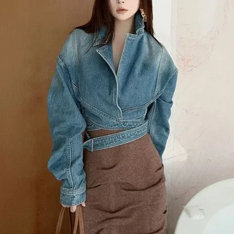 Blue Washed Retro Denim Jacket for Women New Style Loose and Unique High Street Short Top Trendy Wearing Outside XQ454