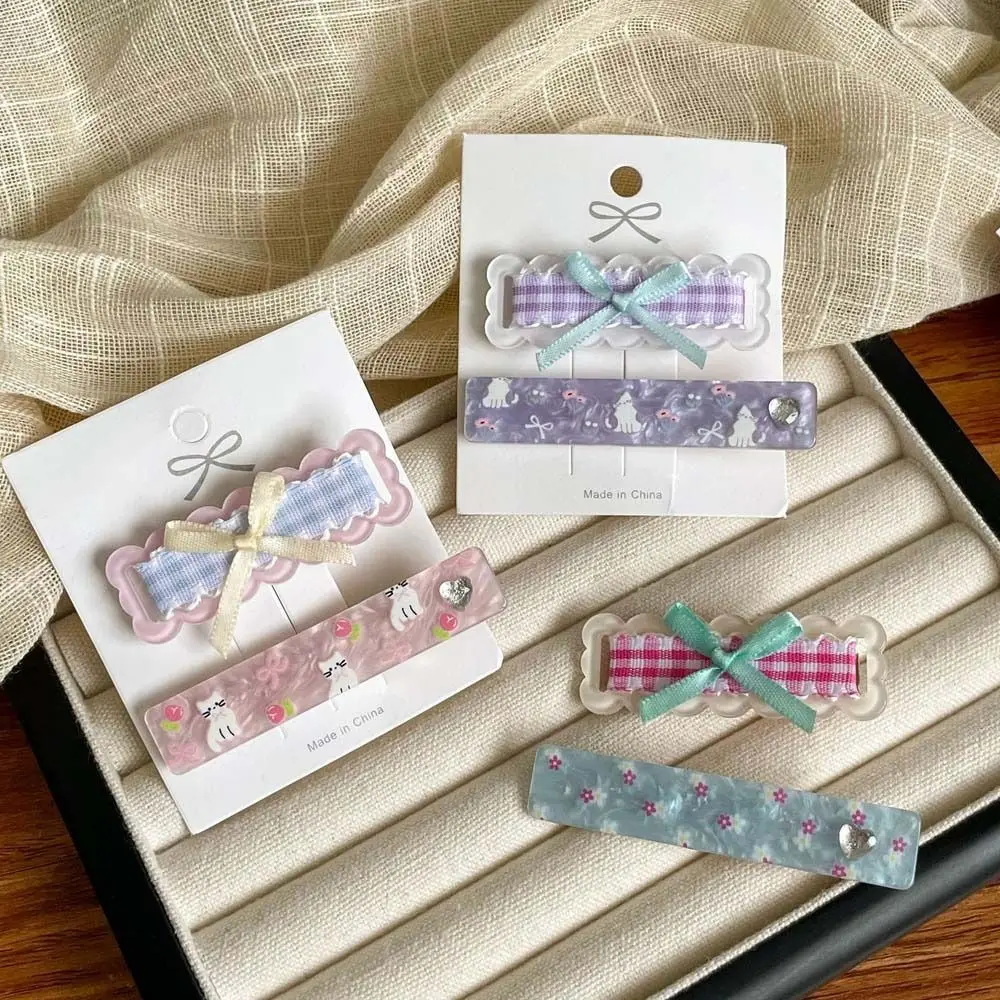 

2Pcs/set Korean Style Bow Plaid Hair Clip Barrettes Love Heart Cartoon Cat Hairpin Duckbill Clip Female Hair Accessories