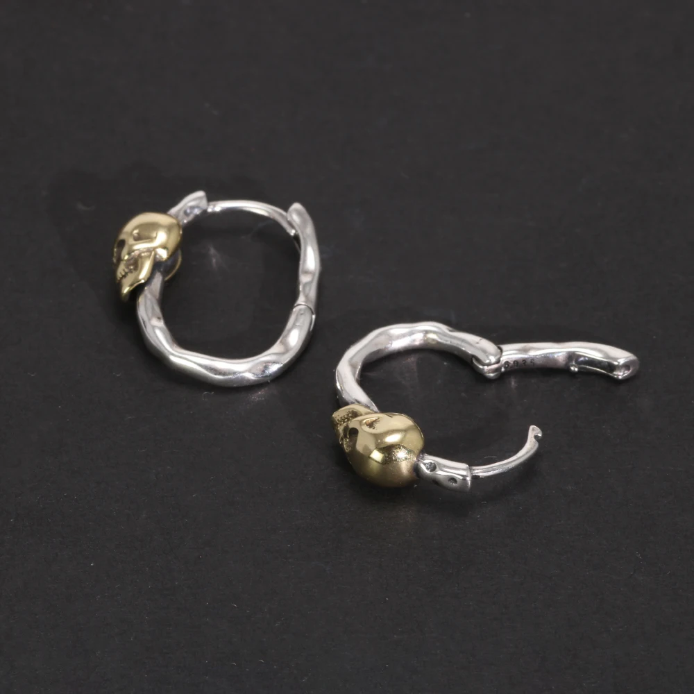 Orecchini a cerchio placcati oro con teschio in argento Sterling S925 orecchini Punk Vintage gioielli da uomo e da donna