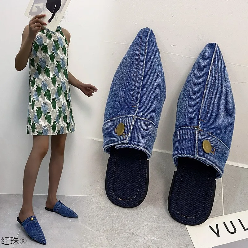 Flat women's half slippers pointed toe denim white with autumn summer blue wear casual  slippers C1186