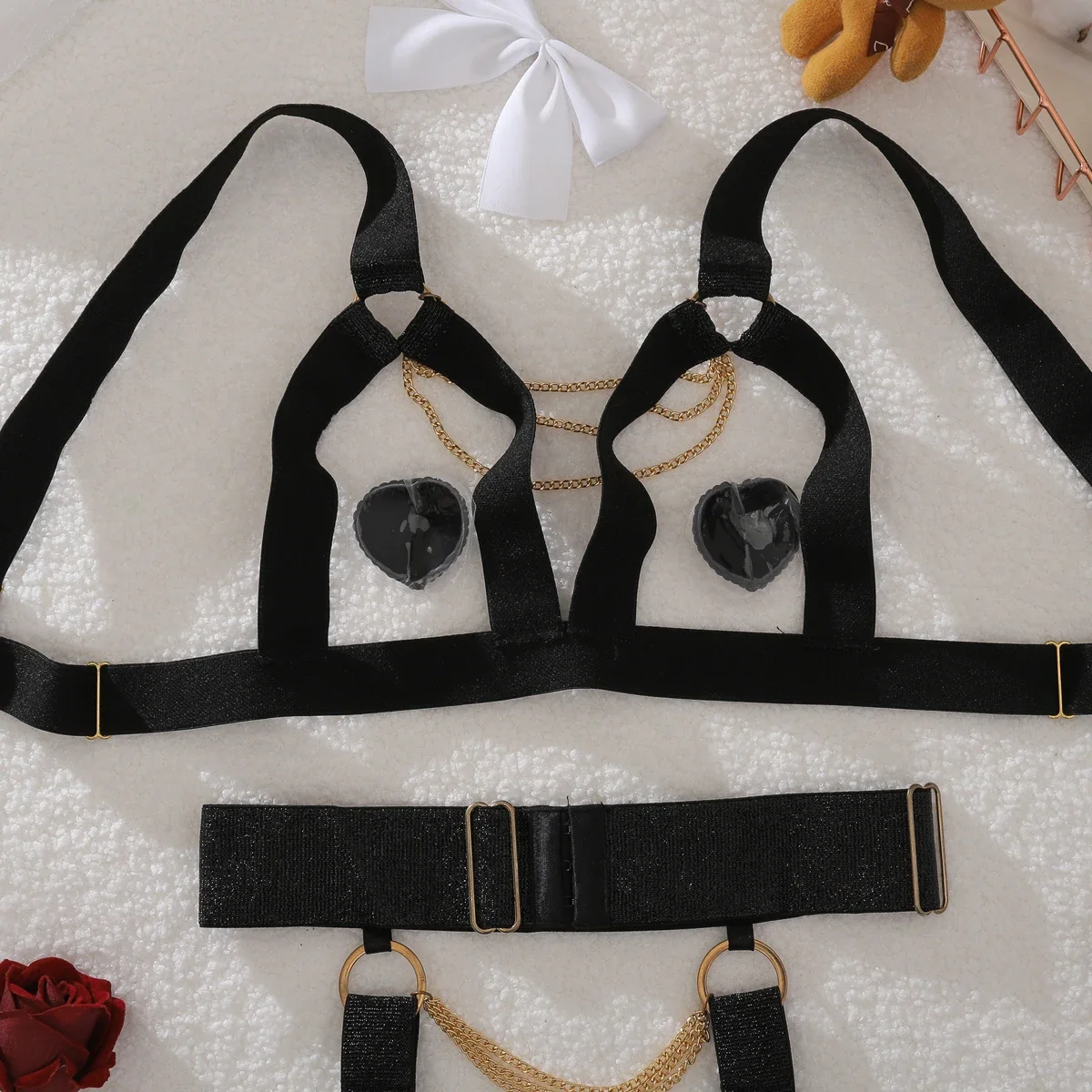 여성 붕대 패션 섹시한 장인 정신 금속 체인 브래지어 탄성 중공 레이스 브래지어 속옷 분할 4 조각 세트