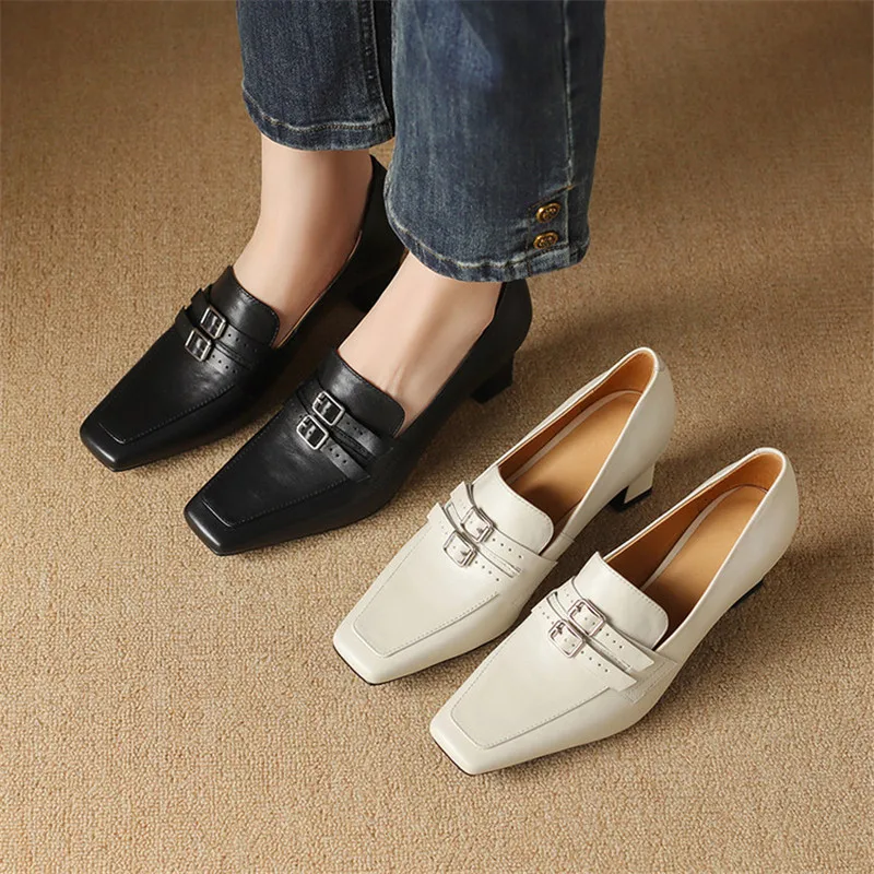 Neue Echtes Leder Frauen Schuhe Karree Schuhe für Frauen Mode Schnalle High Heels Schwarz Loafer Frauen Pumpen Handmade