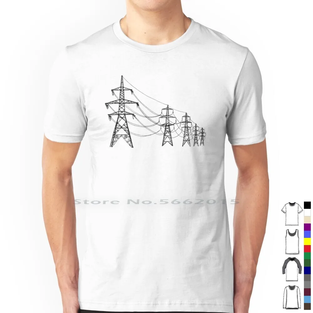 Pylons T Shirt 100% Cotton Pylons Electricity B W Minimal Structure Landscape Short Long Sleeve Tee Top