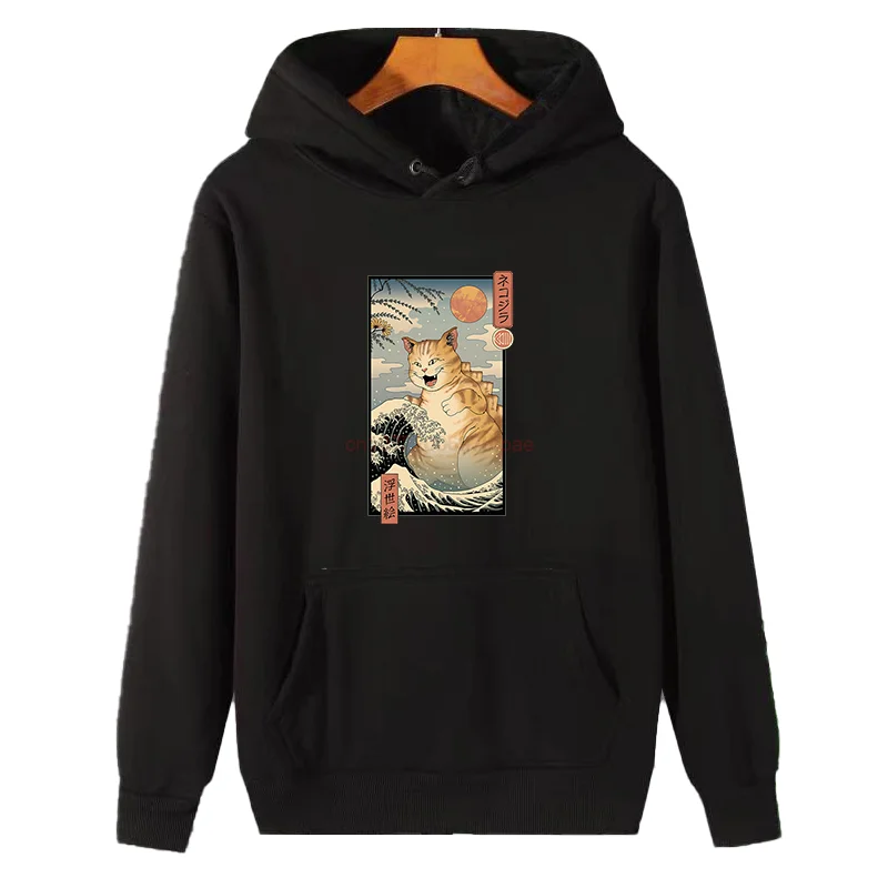 Fashion Street Huge Cat Graphic Hooded Sweatshirts Japanese Winter Essentials Pullovers Thick Sweater Hoodie Male Clothes