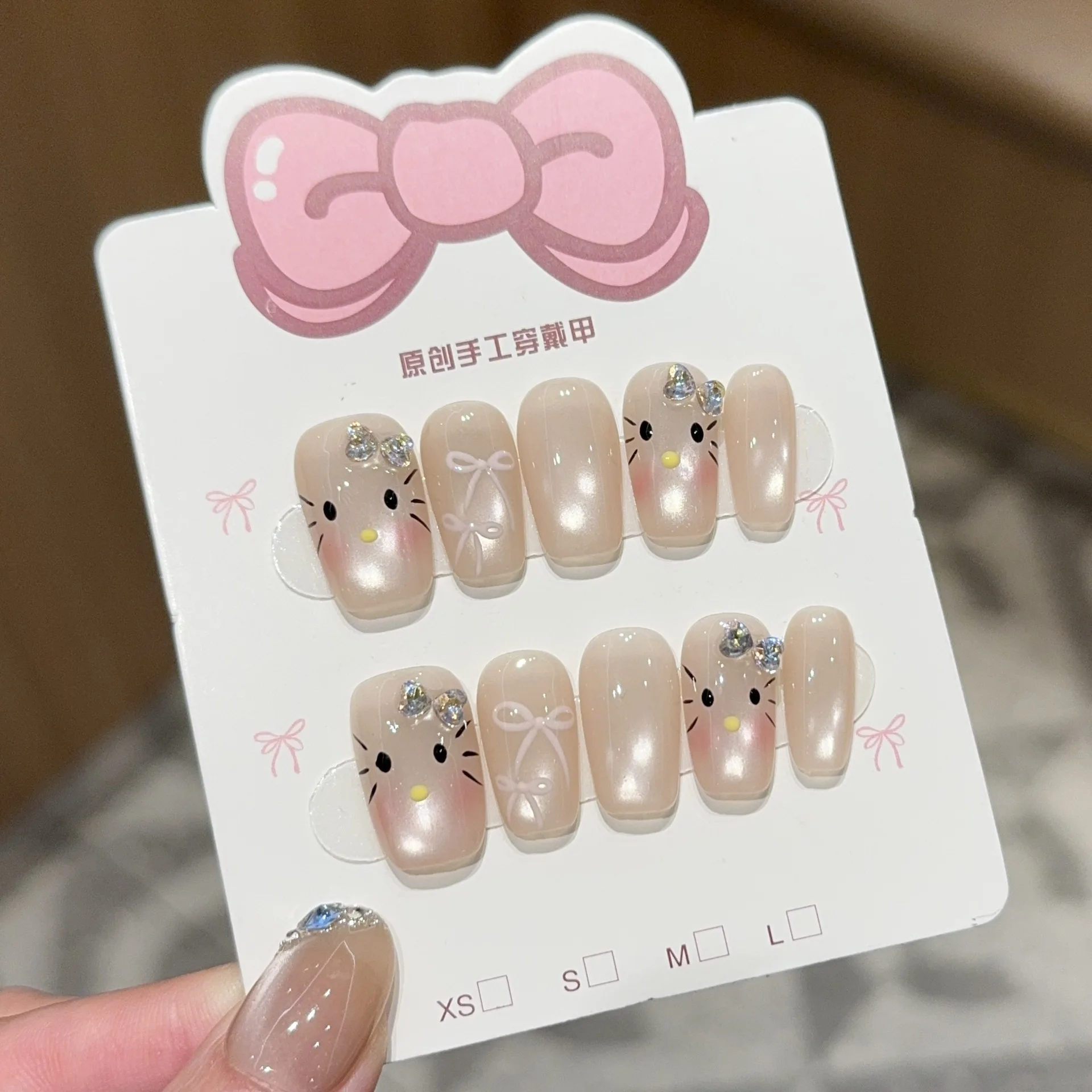 

10PCS French Tip Press on Nails with Diamond Bow Elegant Cat Eye Chrome Design Sweet Cute False Nails Handmade Glossy for Women