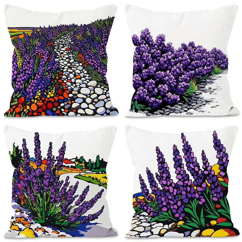 Artistic Lavender Print Pattern Home Decor Pillowcase Bedroom Living Room Sofa Decoration Polyester Cushion Cover with Zipper