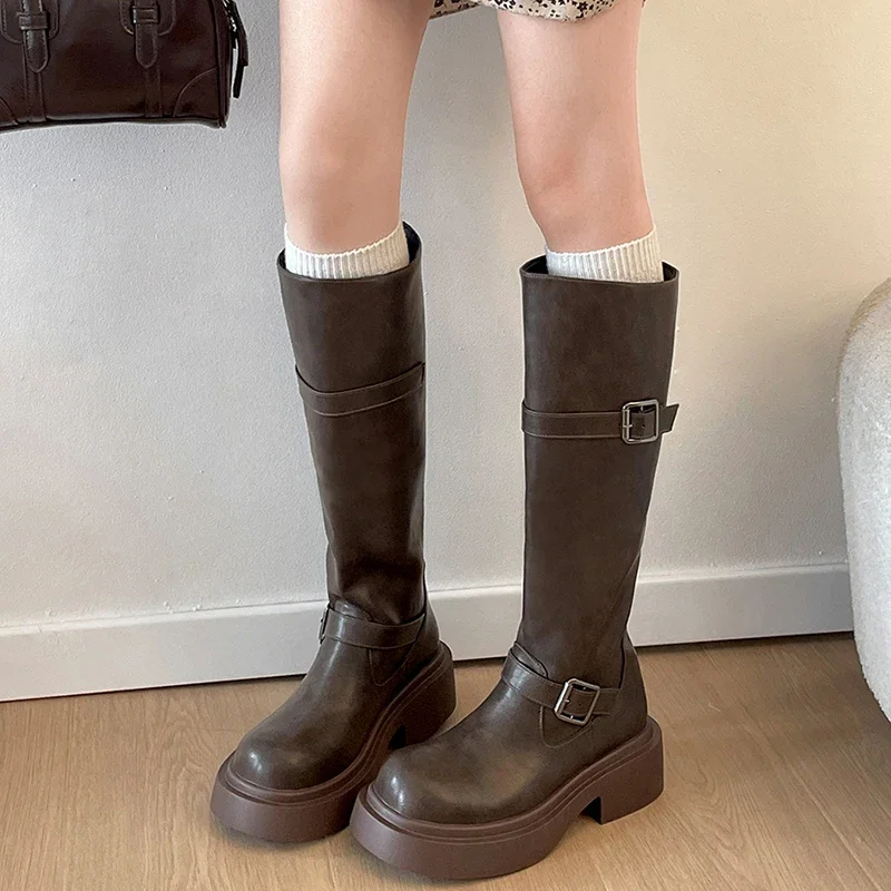 Vintage Platform Women Knee High Boots Fashion Slip On Knight Long Booties Square Heels Shoes Largas De Mujer