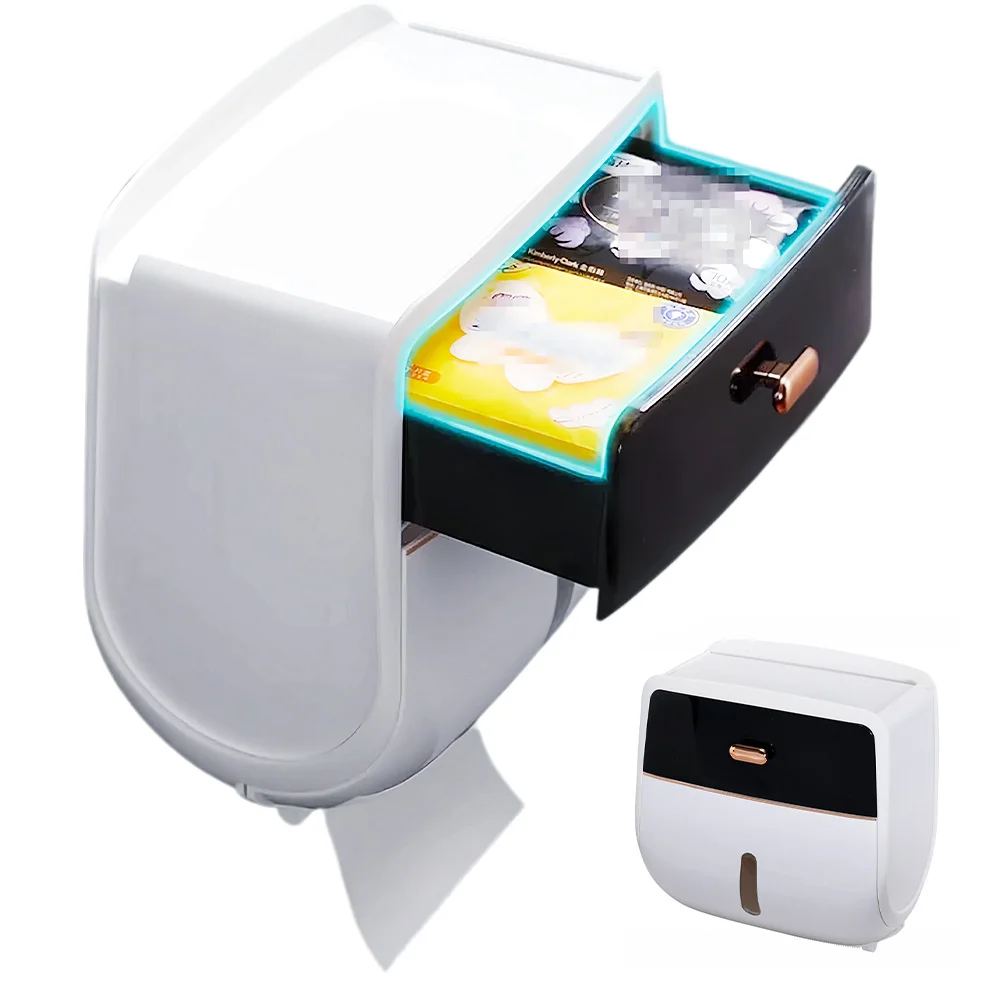 1 szt. Dwupoziomowy organizer łazienkowy z tworzywa PS i PP, montaż bez wiercenia, z szufladą i półką, do toalety i kuchni, wymiary 210×110×215 mm, czarny - zdjęcie 1