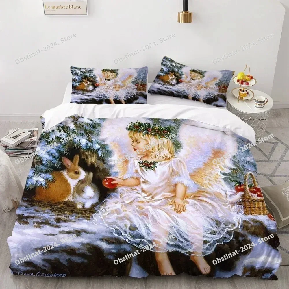 

2025 Angel Oil Painting Bedding Set Ancient Art Duvet Cover Cartoon Warm Bed Quilt Cover Kids Soft Bedroom Bed Cover Set Green