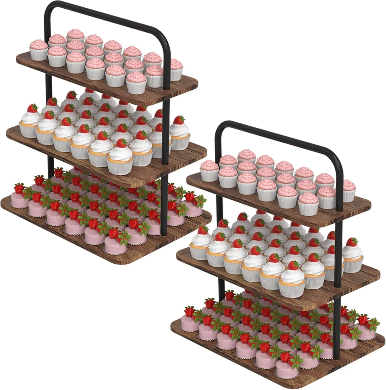 

3-Tier Wood & Metal Cupcake Stand, Holds 52 Desserts for Parties, Christmas, Weddings - 2-Pack
