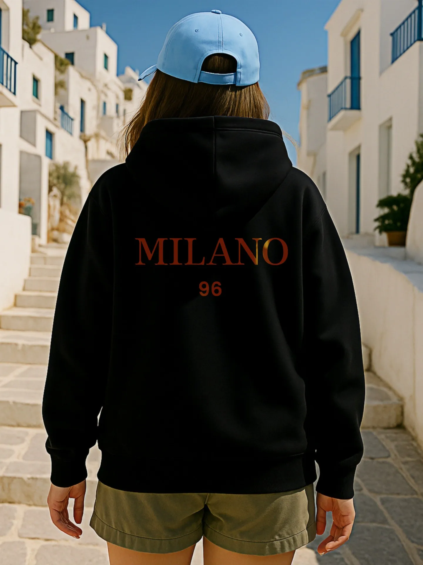 เสื้อฮู้ดลายกราฟิกผู้หญิง พิมพ์ลายตัวอักษรมิลาโน 96 สไตล์ลำลอง ผ้าคอตตอนผสม สวมใส่สบายทุกวัน สำหรับวัยรุ่น