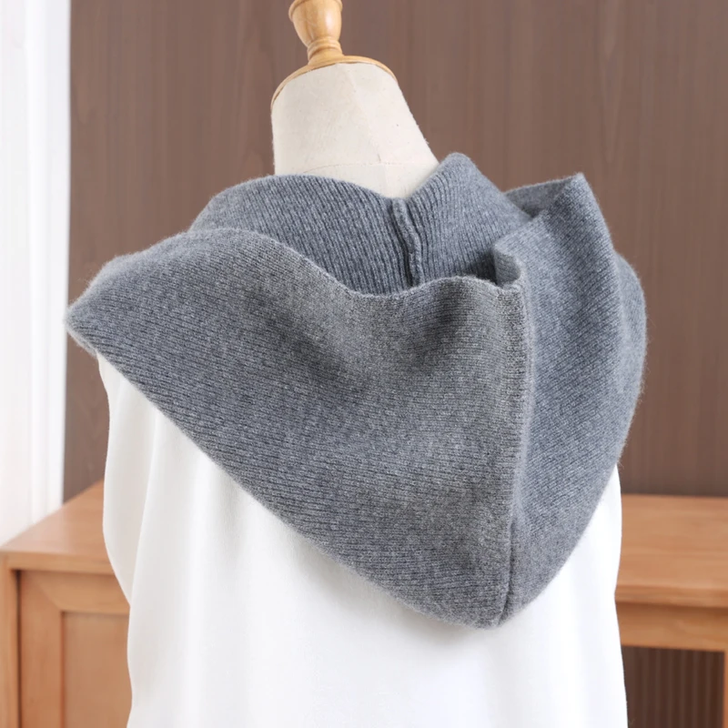 

100% Pure Wool Knitted Solid Color Women's One-Piece Hat Shawl Autumn Winter New Warm Neck Protection Scarf with Hat and Button