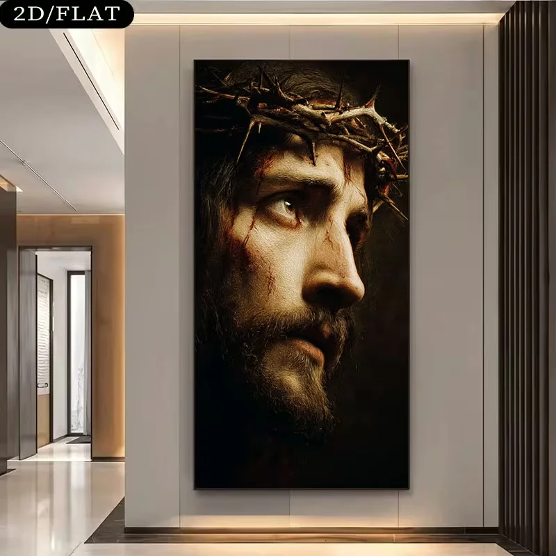 1pc Large Modern Realistic Jesus with Crown of Thorns Wall Mural - Large Frameless Canvas Religious Art Poster Suitable for Livi