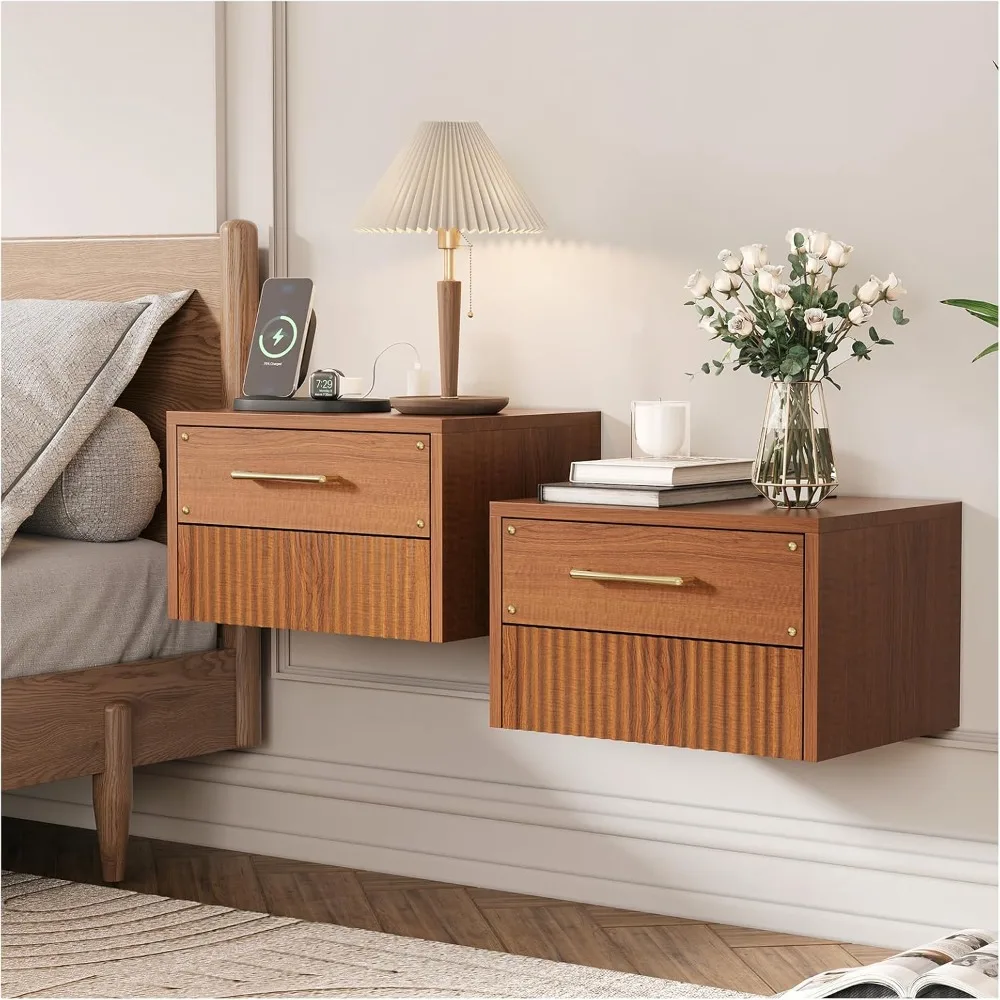 

Set of 2 Floating Nightstands - Mid-Century Wall-Mounted Bedside Tables with Charging Station & Storage Drawers