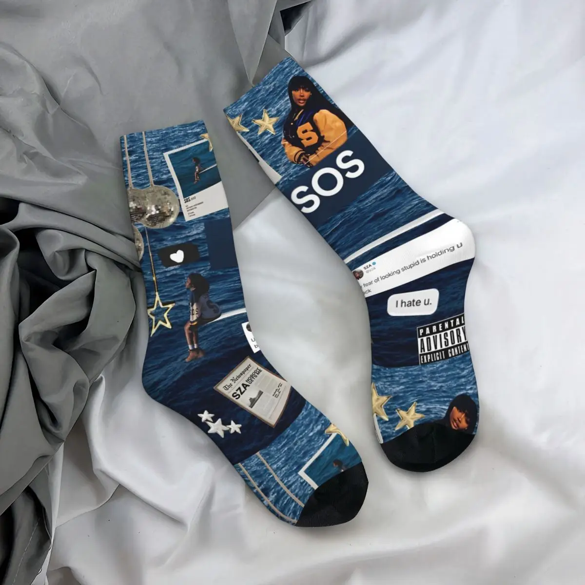 SZA SOS I Hate U Socks Men's Women's Fashion Rapper 90s Music Socks Harajuku Spring Summer Autumn Winter Middle Tube Socks Gifts