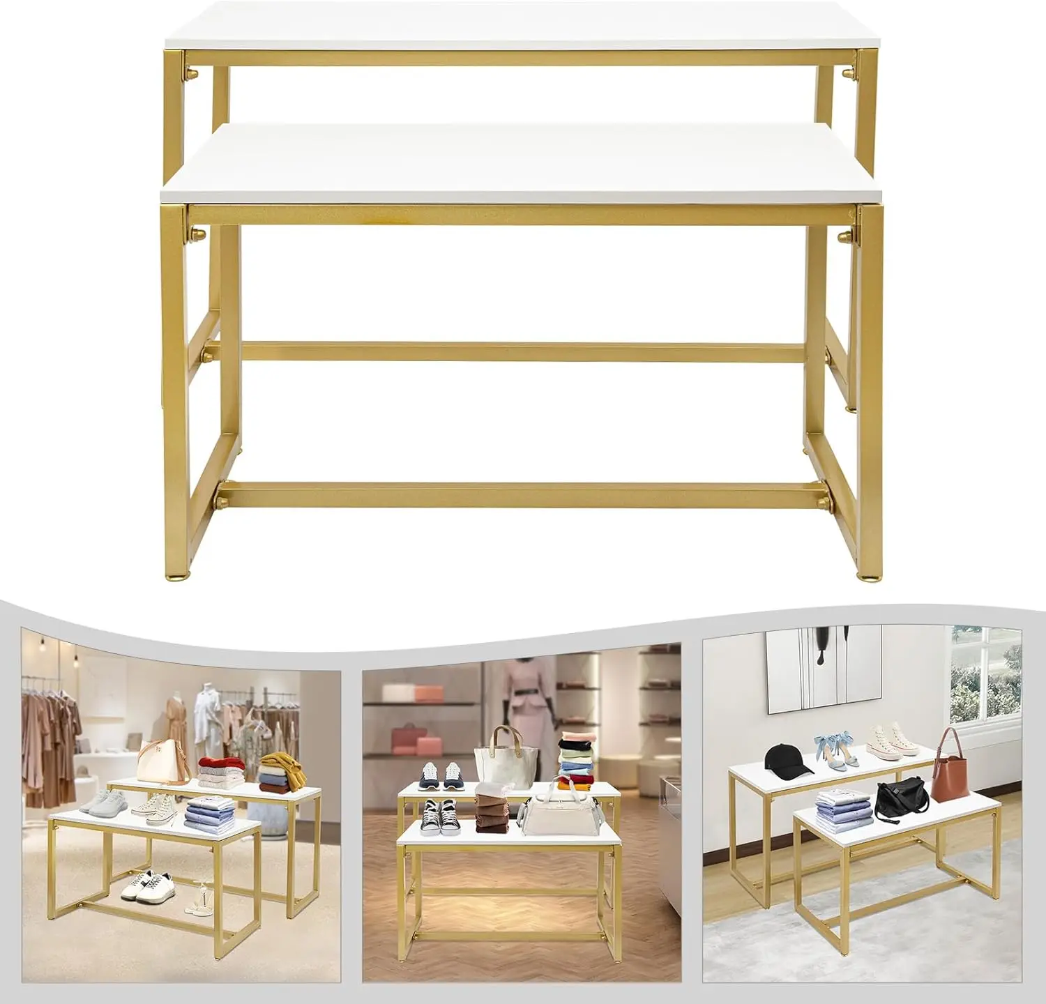 طقم مكون من قطعتين من طاولات التعشيش الذهبية الحديثة، رف عرض معدني للأحذية وحقائب اليد والمنزل ومحلات الملابس - سعة تحميل 110 رطل