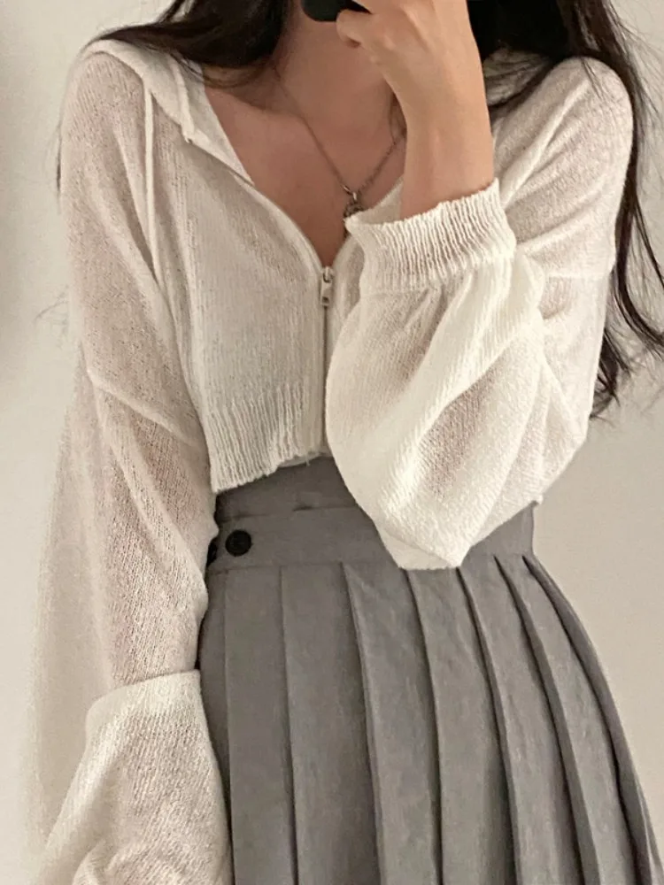 Elegancki letni sweter z dzianiny lodowego jedwabiu, damski sweter typu lampion, swobodny rozpinany kardigan, cienki płaszcz z kapturem, ochrona przed promieniowaniem UV.