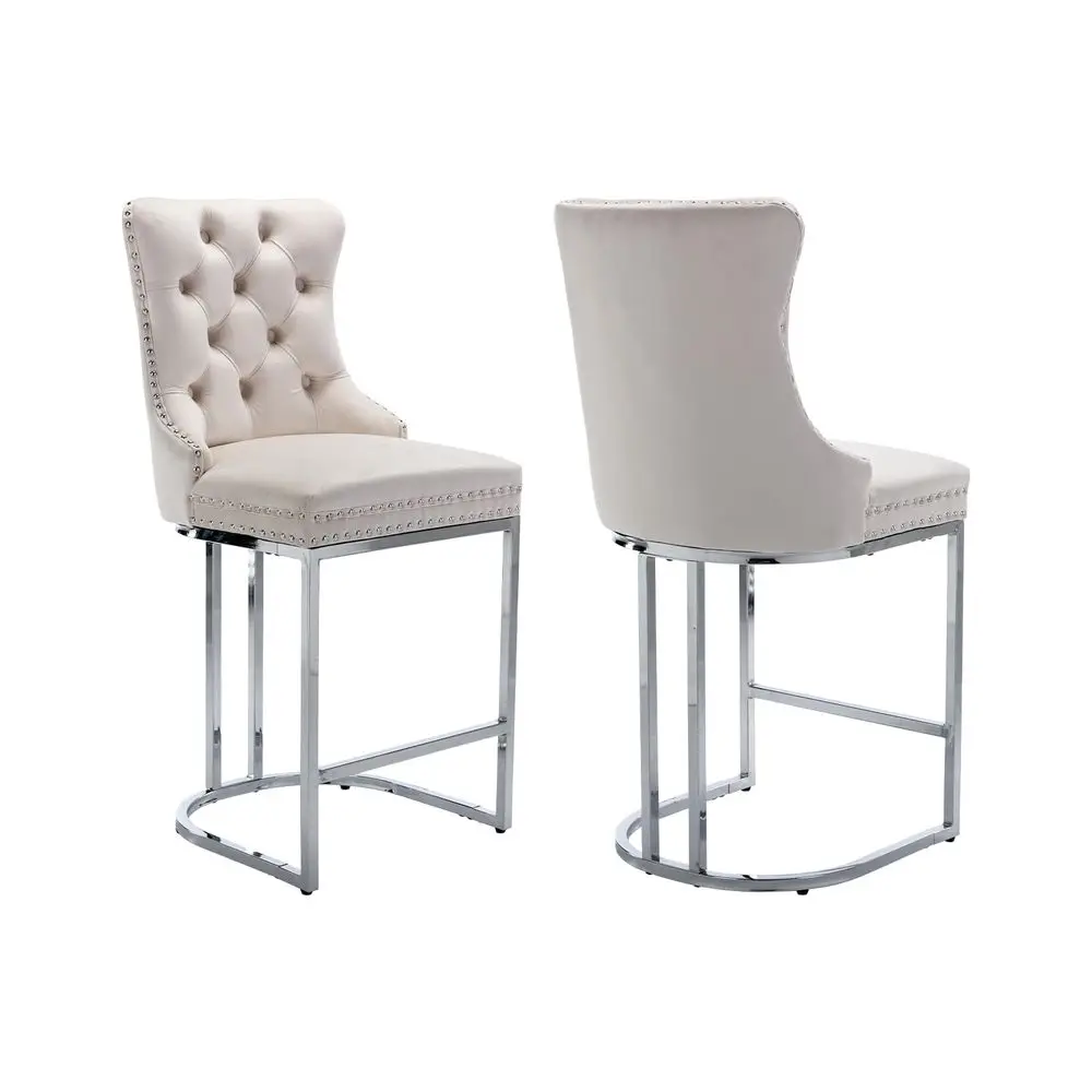 

Counter Height Bar Stools Set of 2, Modern Velvet Barstools with Chrome Metal Legs and Tufted Back, Upholstered Island Chairs f