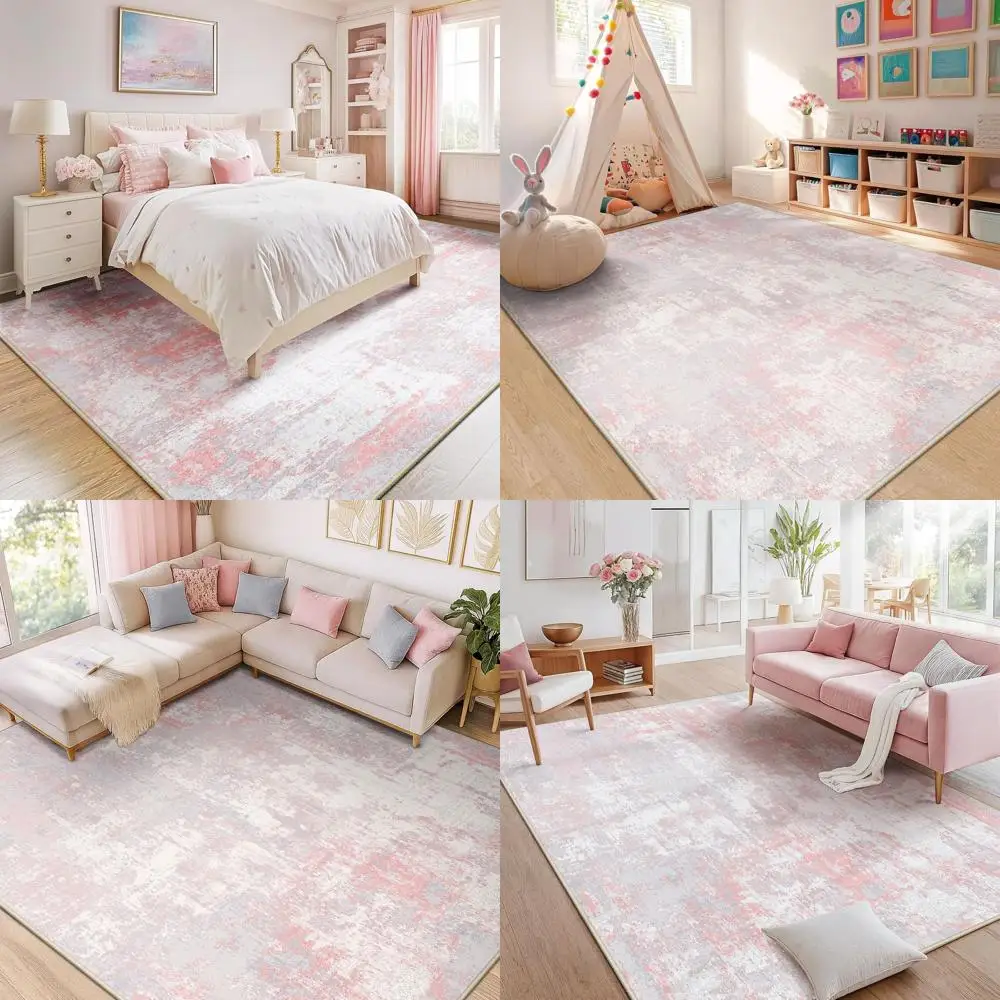 

9x12' Washable Non-Slip Abstract Rug, Soft Modern Design for Living Spaces, Grey & Pink