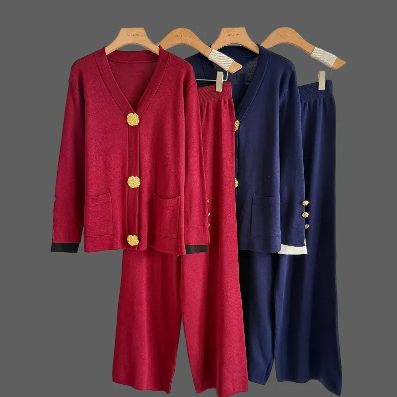 

Casual Fashion Two-piece Women Autumn Winter Casual Metal Buckle Knitted Cardigan Sweater Wide-leg Pants Women Two-piece Suit