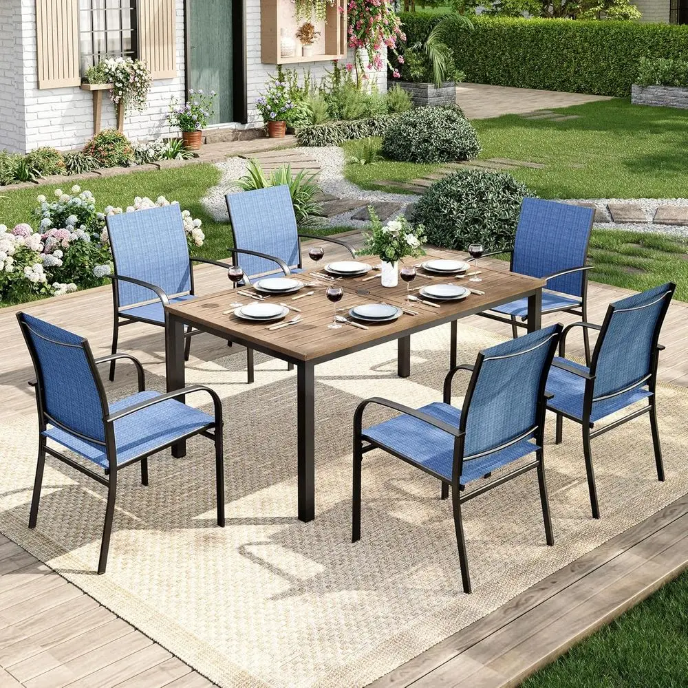 

7 Pieces Patio Table and Chairs Set, Patio Dining Set or 6, 6 Textilene Chairs and 1 Wood-Like RecSteel Table with Umbrella Hole