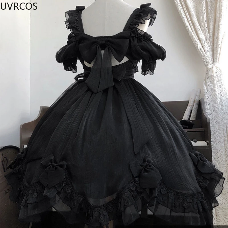 Japanischen Victorian Gothic Lolita Kleid Frauen Schwarz Weiß Elegante Backless Fee Kleider Girly Kawaii Süße Cosplay Mini Vestidos
