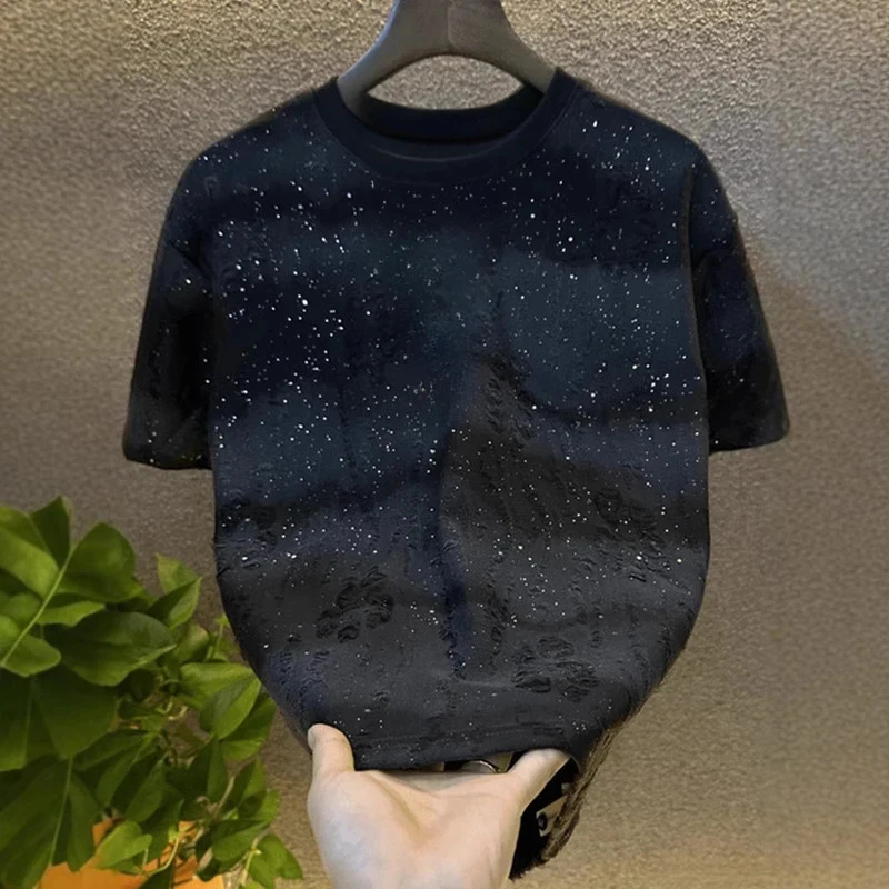 2026 New Y2K Style Men T Shirt Sequined Starry Rhinestone Ripped Crew Neck Short Sleeve Casual Streetwear Tops