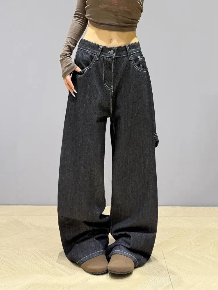 بنطلون جينز أمريكي عتيق مطرز بأرجل واسعة فضفاض على الموضة الكورية للنساء من قماش الدنيم 2000s Y2k بنطلون أنيق للأصدقاء #2