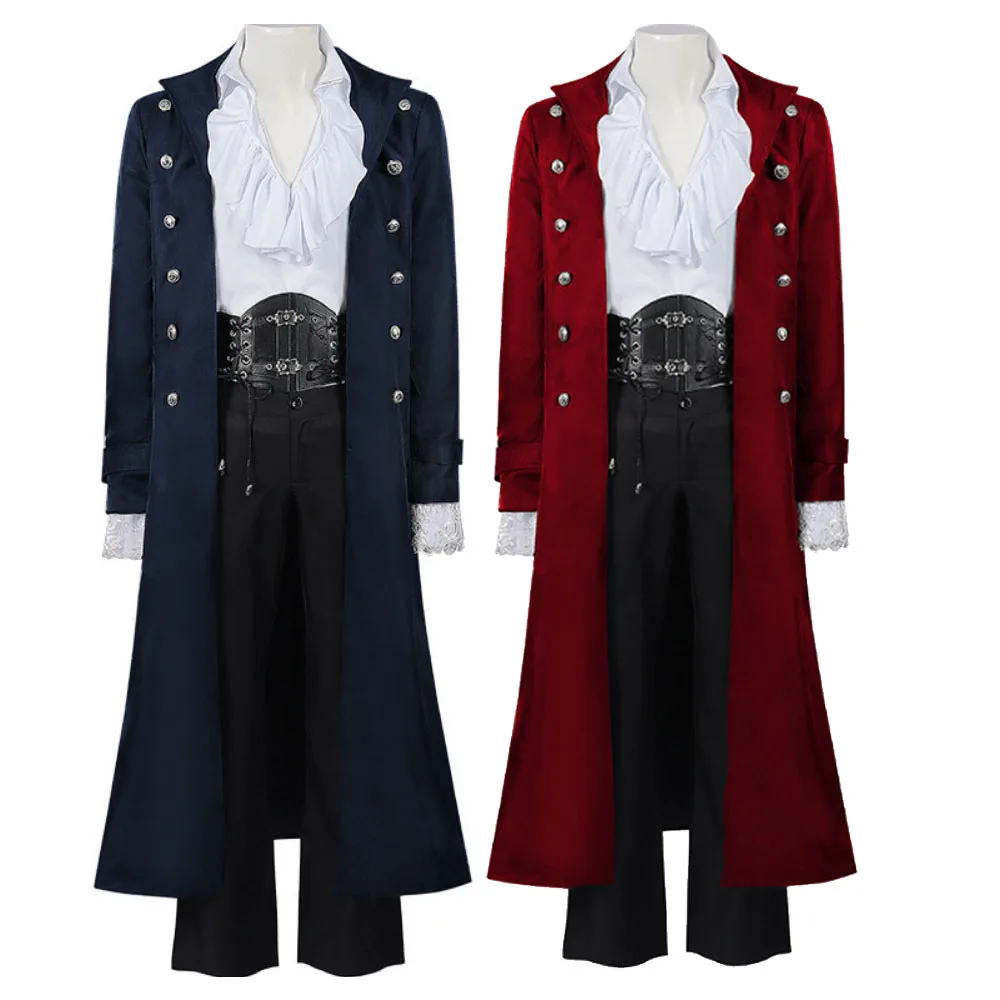 

Men's Steampunk Trenchcoat Medieval Count Costumes Pirate Gothic Navy Long Jacket Coat Shirt Vampire Cosplay Halloween Outfit