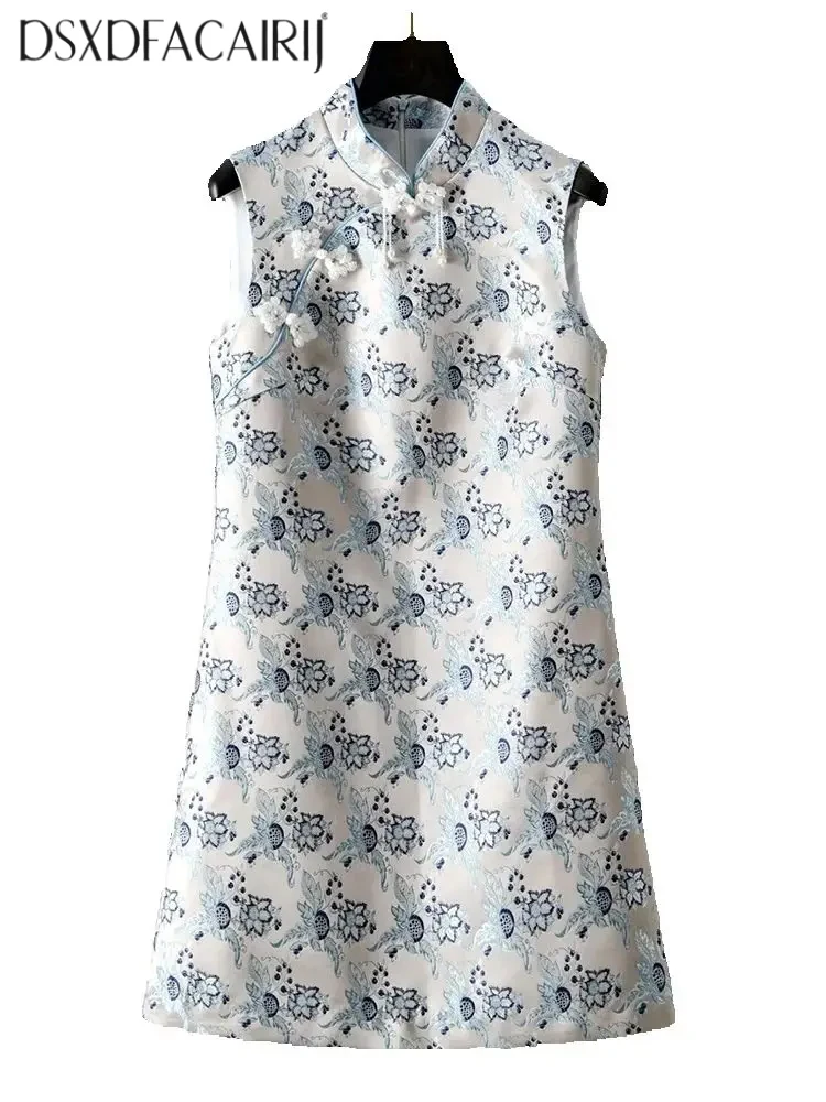 DSFACAIRIJ Vintage Women's Stand Collar Sleeveless Discoid Button Beaded Jacquard Mini Dress Summer Fashion for Females